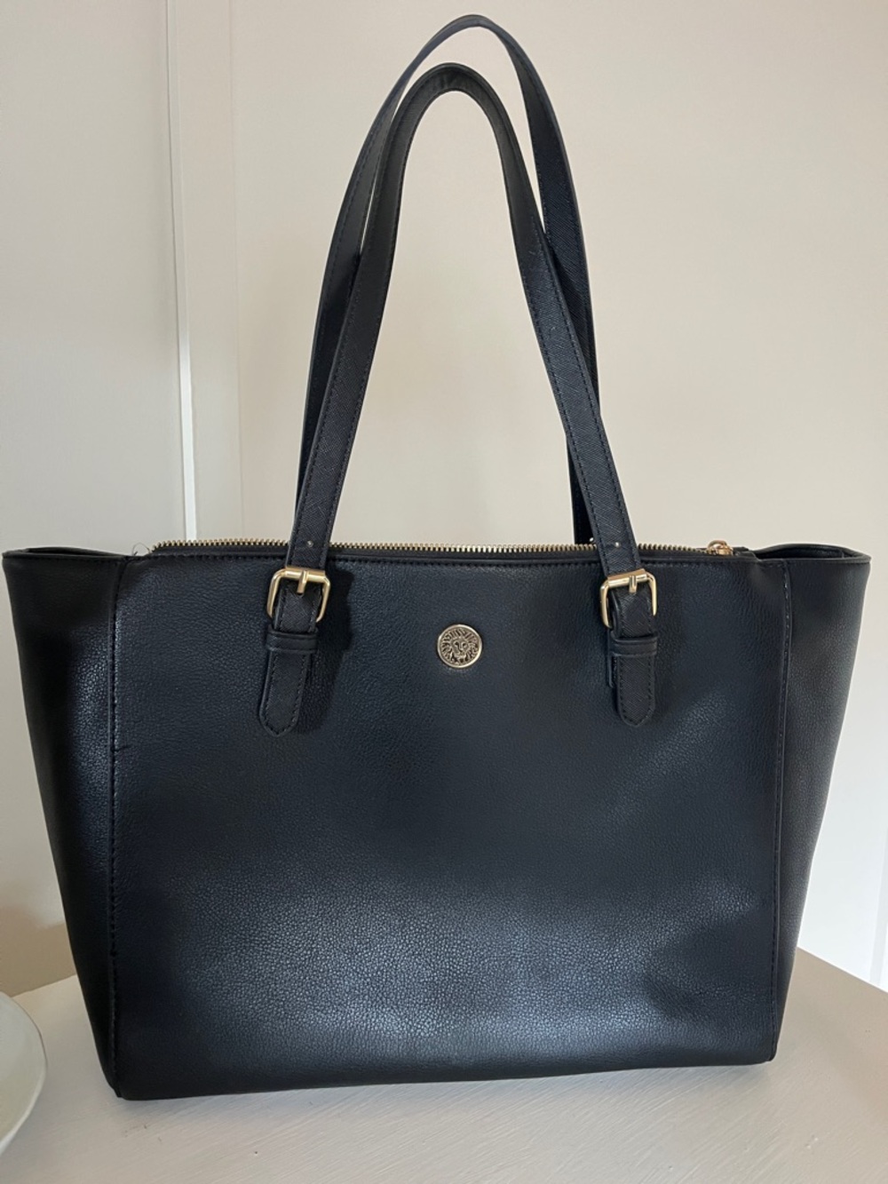 Anne Klein Black Pebbled Leather Tote with Gold Disc Logo